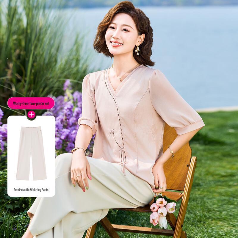 KAVON Women s Embroidered Short-Sleeve Shirt & Pants Set XL