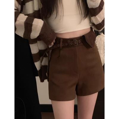 Shorts de Suede Negro Peludo de Talla Grande de Cintura Alta Línea A con Bolso Cinturón - Estilo Coreano para Mujer para Primavera y Otoño