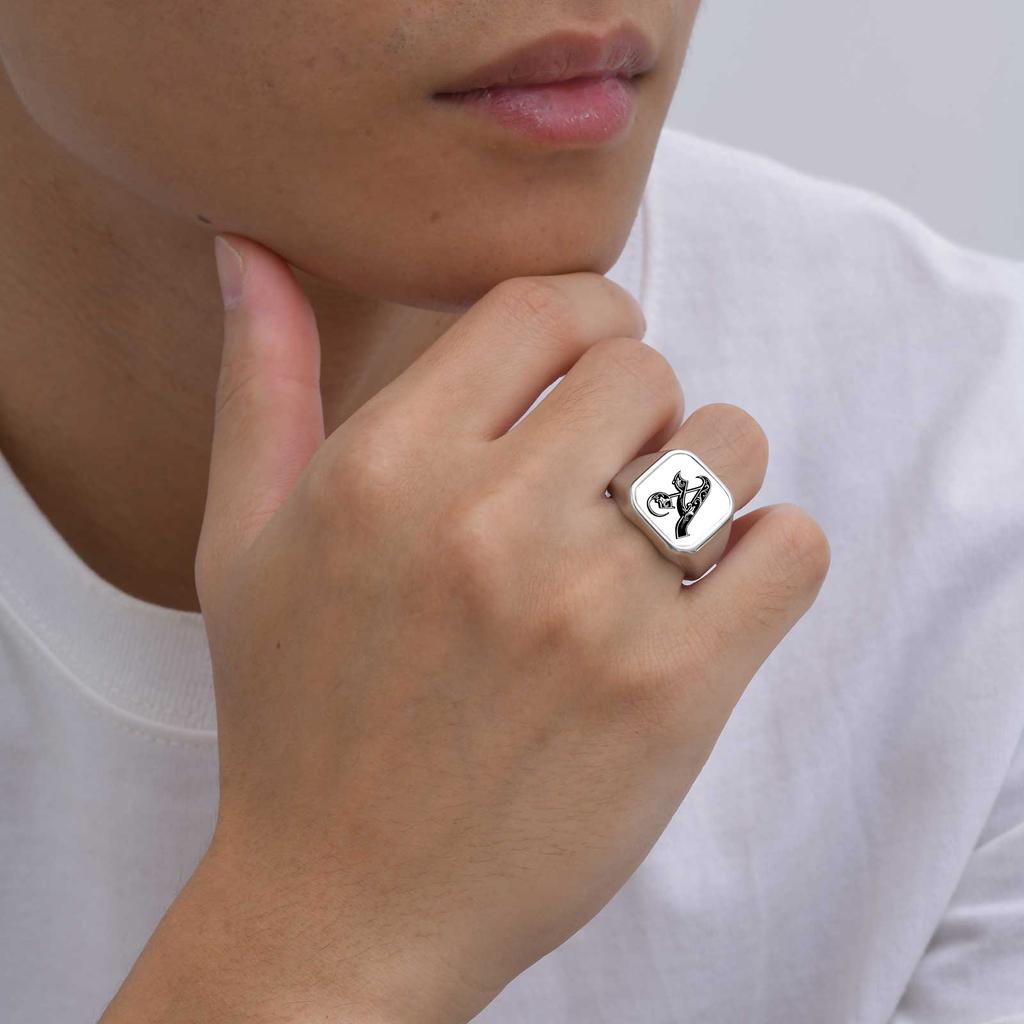 Engrave Custom A-Z Initial Picture Rings for Men, Stainless Steel Male Signet Ring, High Polished Finger Jewelry Gift Father Day