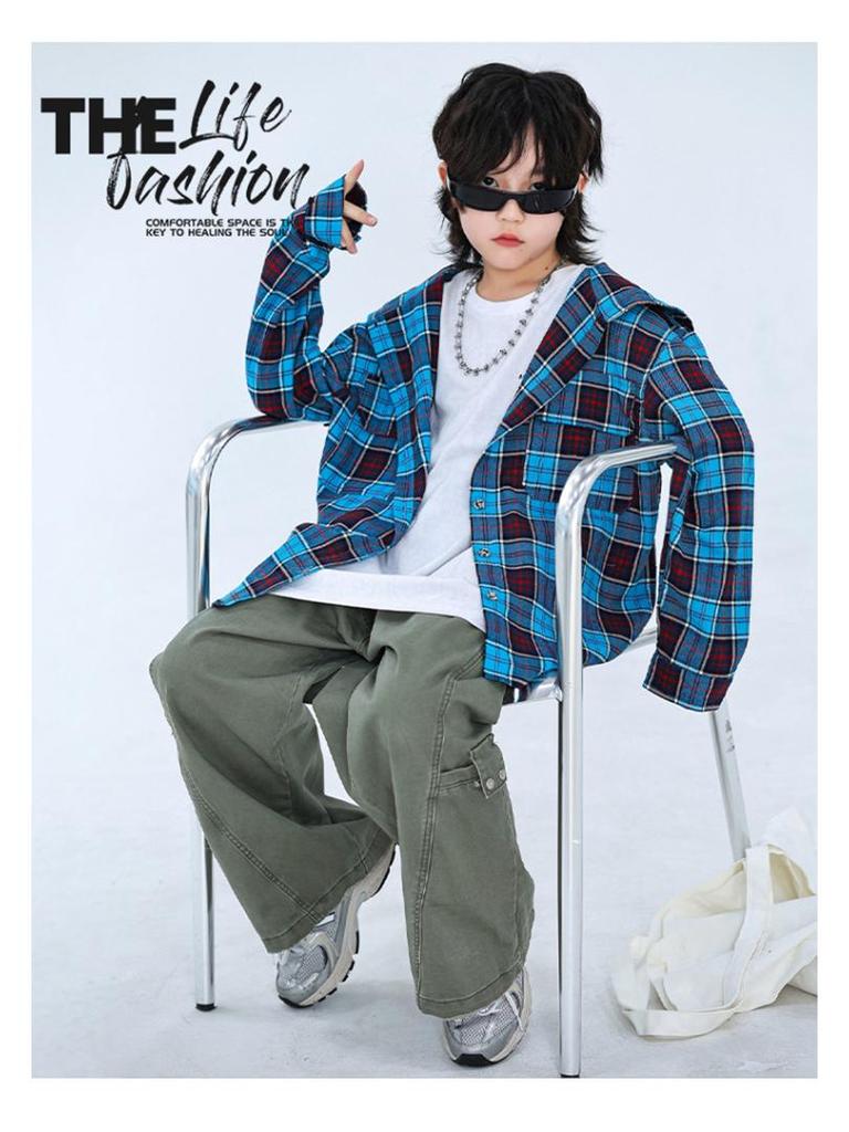 Spring & Autumn 2024 Boys' Classic Plaid Hooded Long-Sleeve Shirt