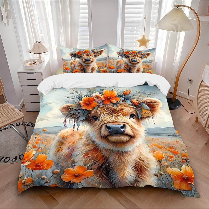 3pcs Floral Crowned Calf Bedding Set, Includes Quilt Cover and Pillowcases, Suitable for All Seasons