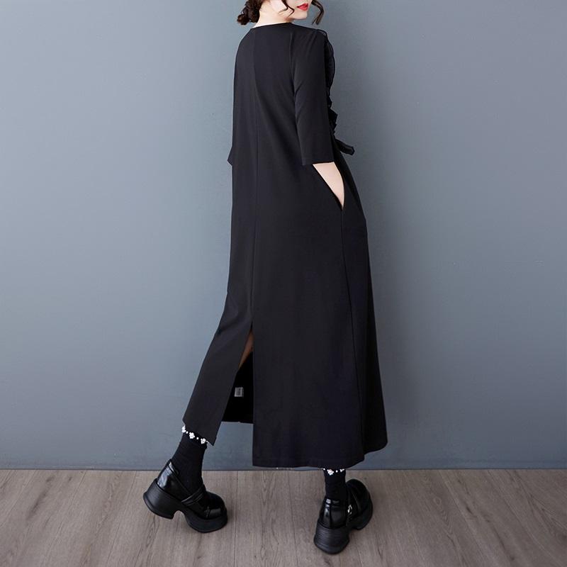 Rochie de vară lungă casual lejeră cu mânecă scurtă, mărime plus, neagră, florală vintage, nou în rochii pentru femei