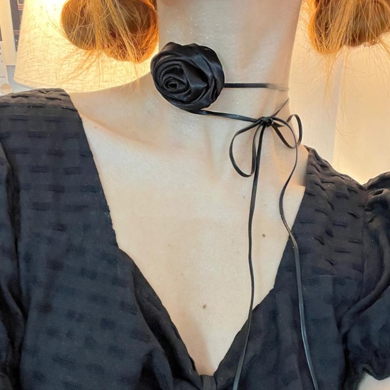 Satin Choker Necklace Fashion Rose Flower Choker for Womens Accessory Punk Gothic Soft Black Girl Neck Jewelry Gift