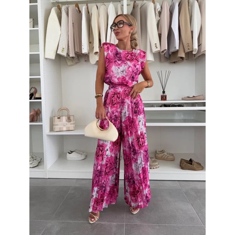 

2025 European and American Summer New round Neck Flying Sleeves Top High Waist Pleated Wide Leg Casual Pants Trousers Set Women Suit Color S