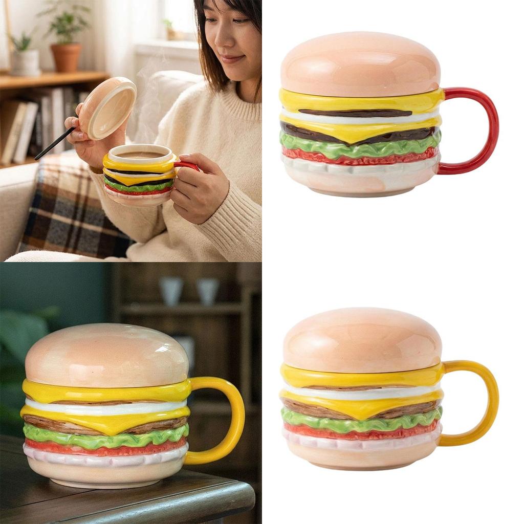 Ceramic Coffee Mug with Lid Burger Shaped Breakfast Cup Creative Kitchen Mug for Home Office Tea Coffee