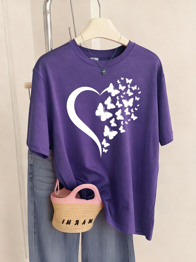 Butterfly Heart Printed T-Shirts Womens Casual Loose T Shirts O-Neck Soft Short Sleeve Tops Summer Comfortable Woman Clothes