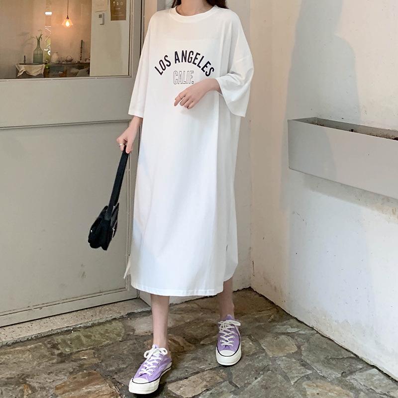Women's Korean Style Cotton Short-Sleeve Loose Casual Plus Size Long Dress for Summer Maternity and Nightwear
