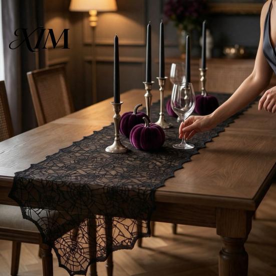 Gothic Style Home Furnishings Halloween Table Runner, Black Lace Spider Web Runners, 17.7 X Atmospheric Runner for 70.9Inch Party Dinner Kitchen