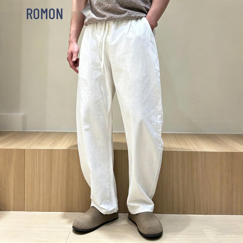 ROMON Men s Summer Quick-Dry Linen-Cotton Wide-Leg Leisure Pants 3XL