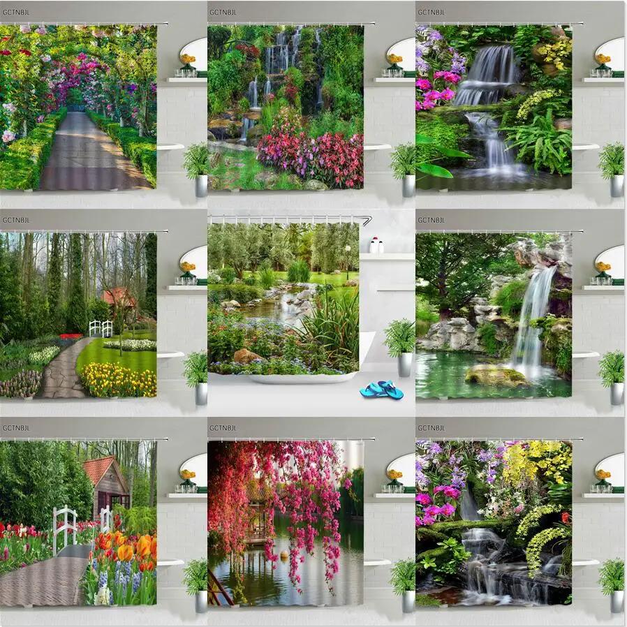 Park Garden Tree Flower Pond Nature Landscape Shower Curtain Bathroom Polyester Waterproof Fabric Curtains Home Bathtub Decor