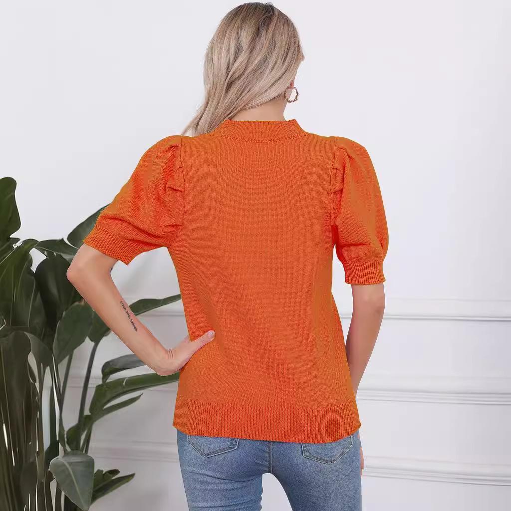 Halloween Women's Slim Fit Pumpkin Smile Knit Top - Short Sleeve Round Neck Sweater