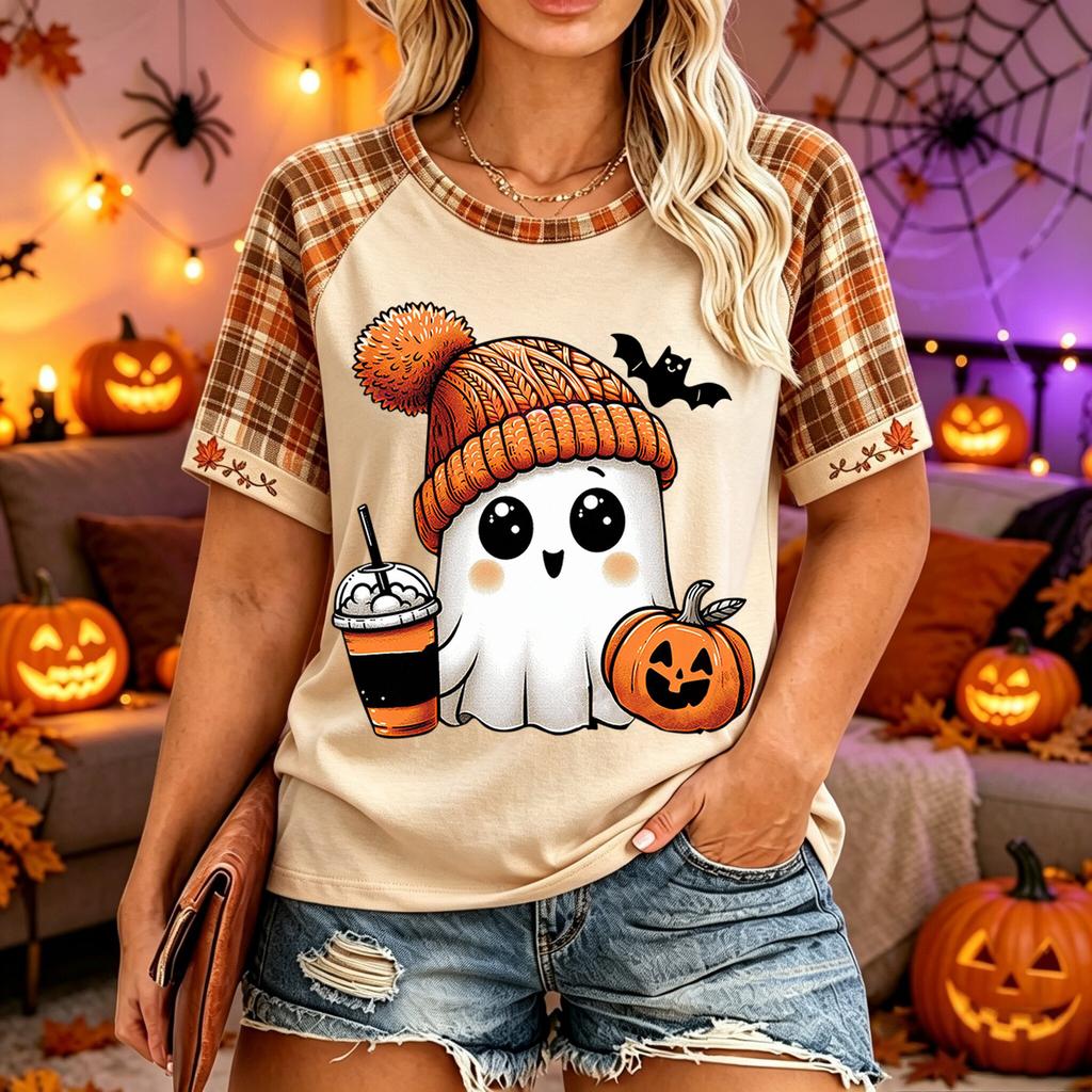 Tricou casual pentru femei, mărimi mari, cu mânecă scurtă, gât rotund, cu imprimeu de Halloween