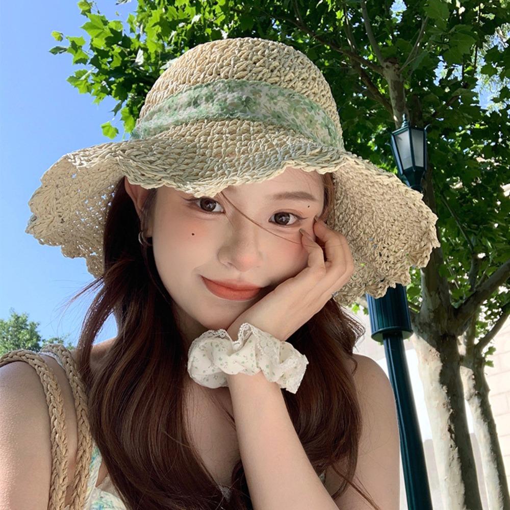 Big Brim Lace Straw Hat Spring Summer Women's Sun Hat Elegant Bow Ribbon Straw Hat  Lady