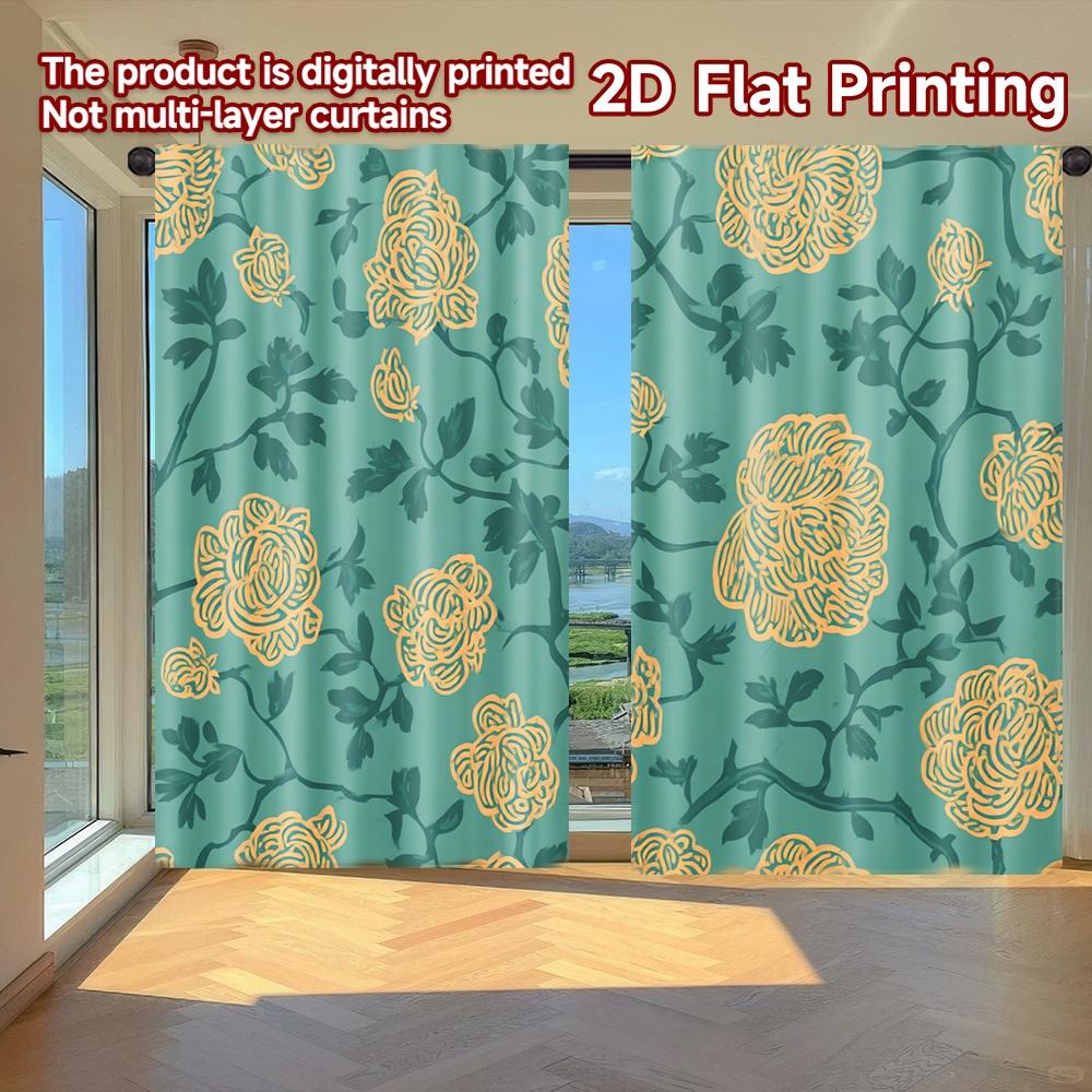 

Set Of 2 Flat Printing Curtains Without Rod Floral Vine Blue Background Holiday New Year Printed Durable Polyester Curtain W100*H70(CM)-Hooks&1PCS