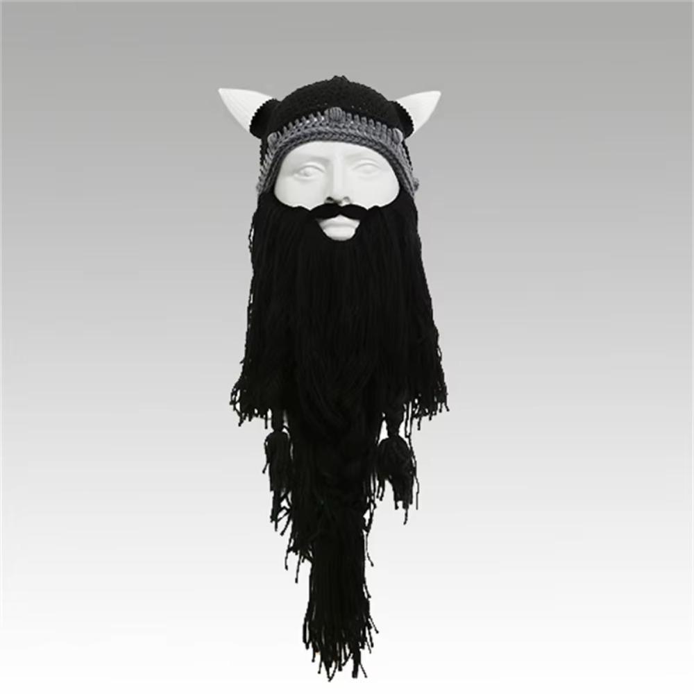 Horn Hat Viking Beard Beanie Handmade Knit Big Beard Mask Hat Wig Beard Hats Costume Accessory