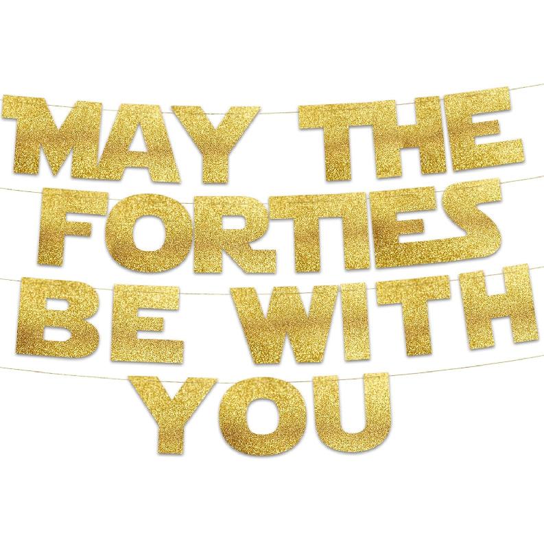 Happy 40th Birthday and Anniveresary Party Gold Glitter Banner золотой