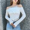 Women Long Sleeve T-shirt Fashion High Street Solid Color Chain Halter Off Shoulder Lace Patchwork Slim Fit Exposed Navel Tops