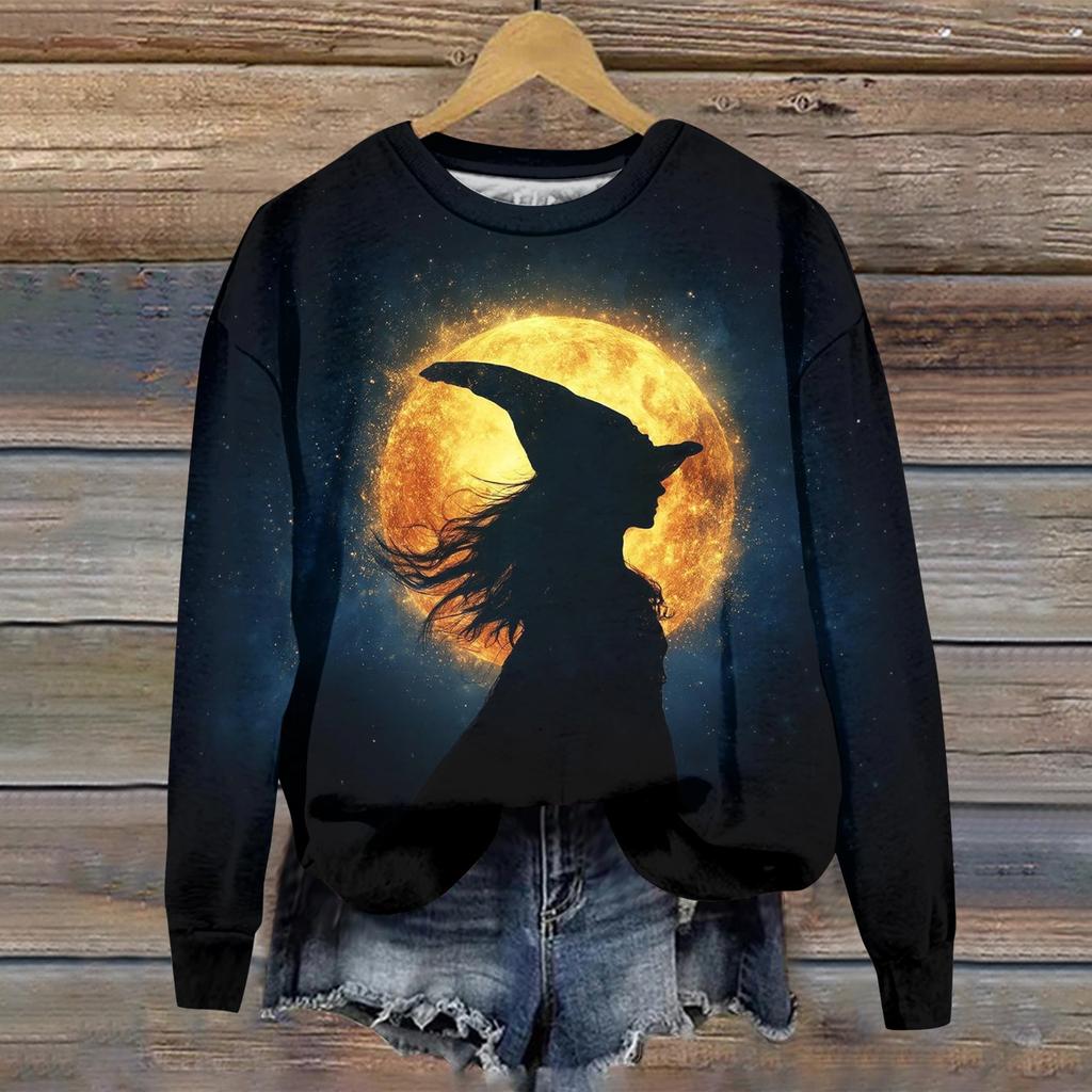 Women's Fashion Casual Long Sleeve Crewneck Sweatshirt with Halloween Print
