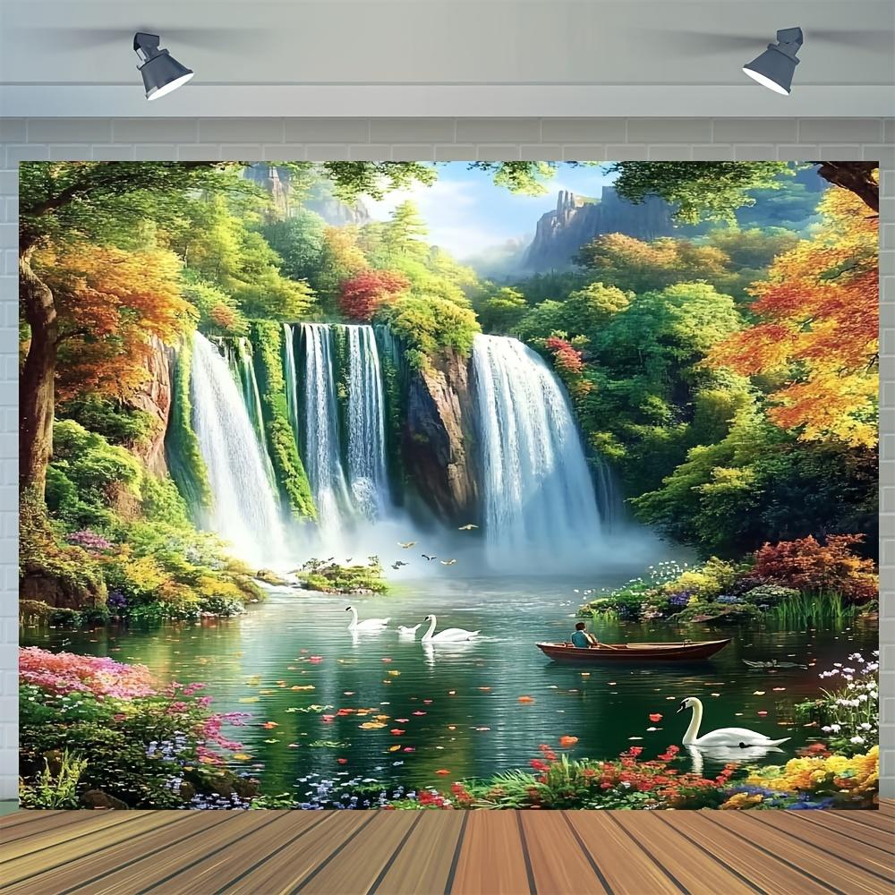 1 piece charming waterfall and lake scenery background with autumn leaves and wildlife - versatile for all occasions