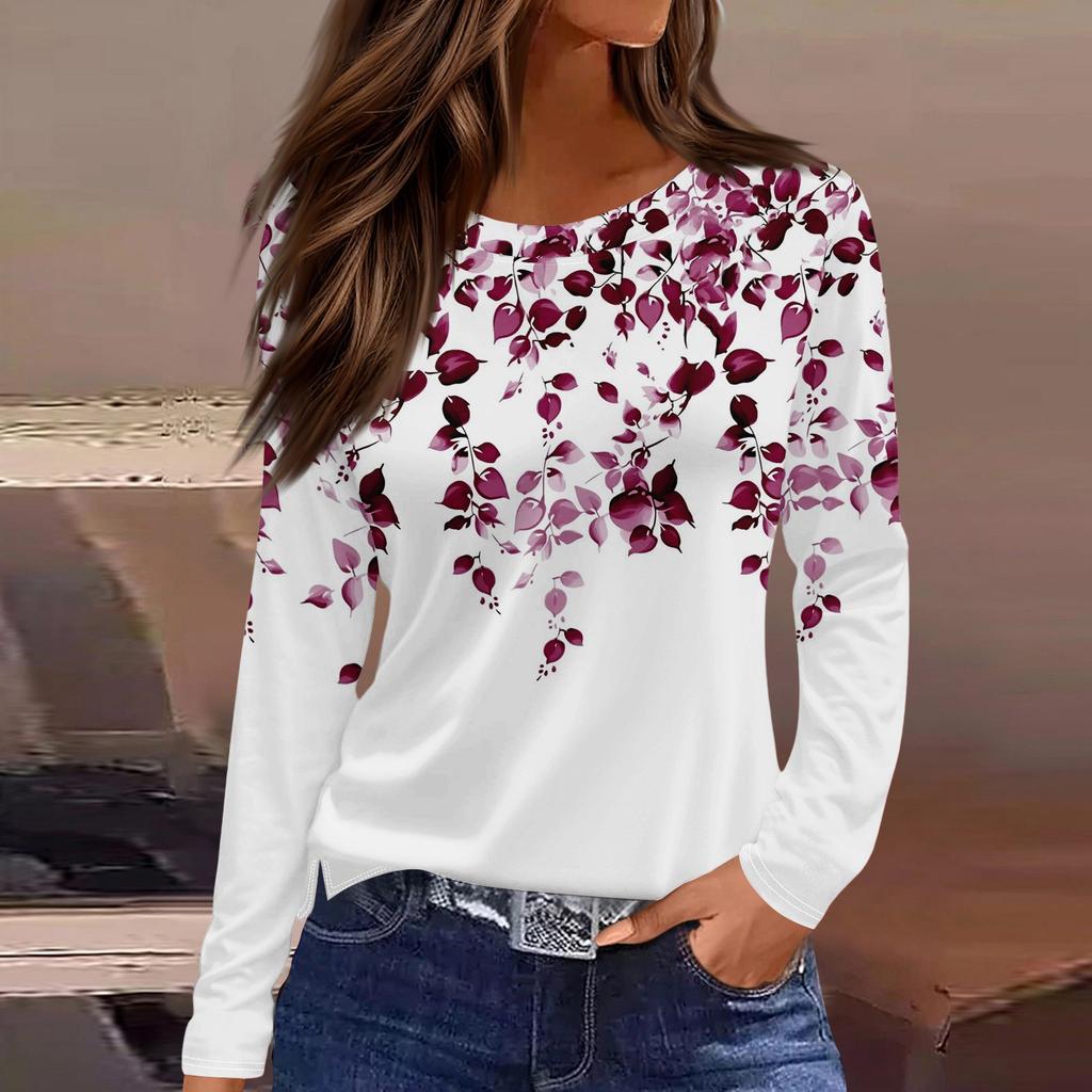 Dames casual T-shirt met split aan de zoom, ronde hals, lange mouwen en losse print.