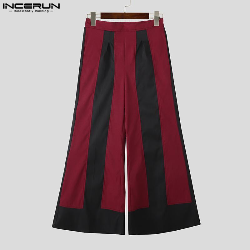 INCERUN Men's High Elastic Waist Striped Patchwork Casual Long Flare Pants Trousers