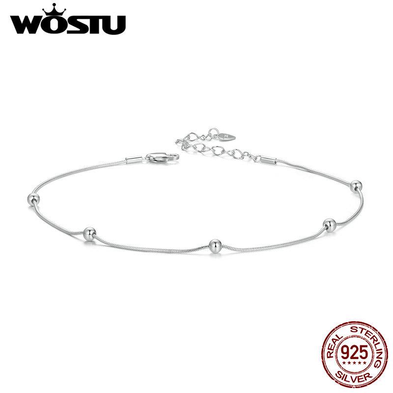 WOSTU Real 925 Silver Bead Anklet Snake Foot Chain Jewelry for Women Beach Stacking Jewelry Vacation Gift BST009