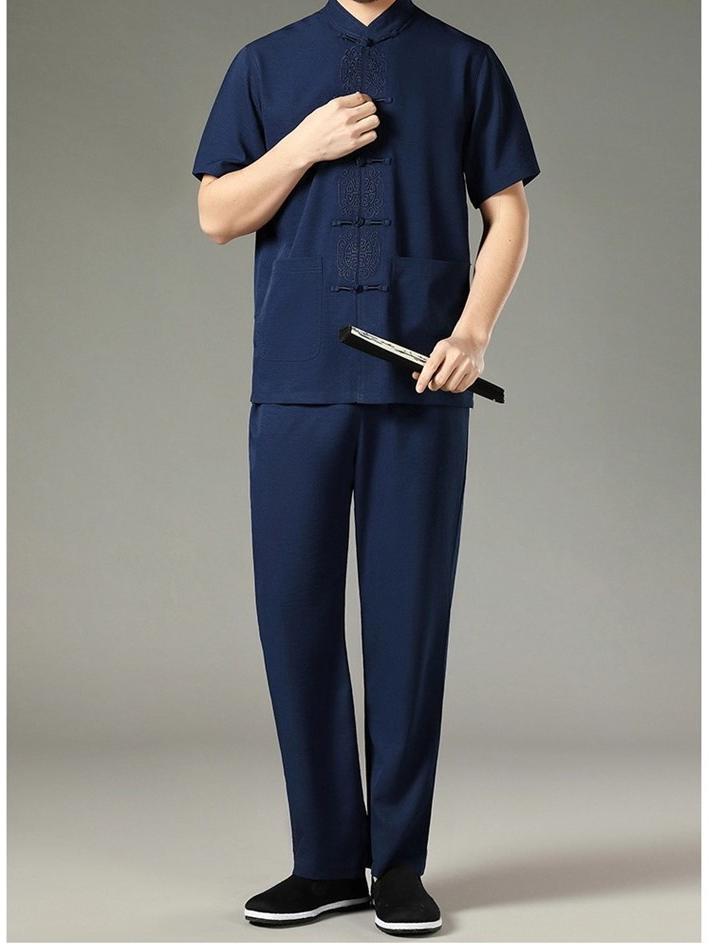 Men's 2022 Summer Short Sleeve Tang Suit: Cotton Linen Two-Piece Set for Middle-Aged and Elderly Casual Wear