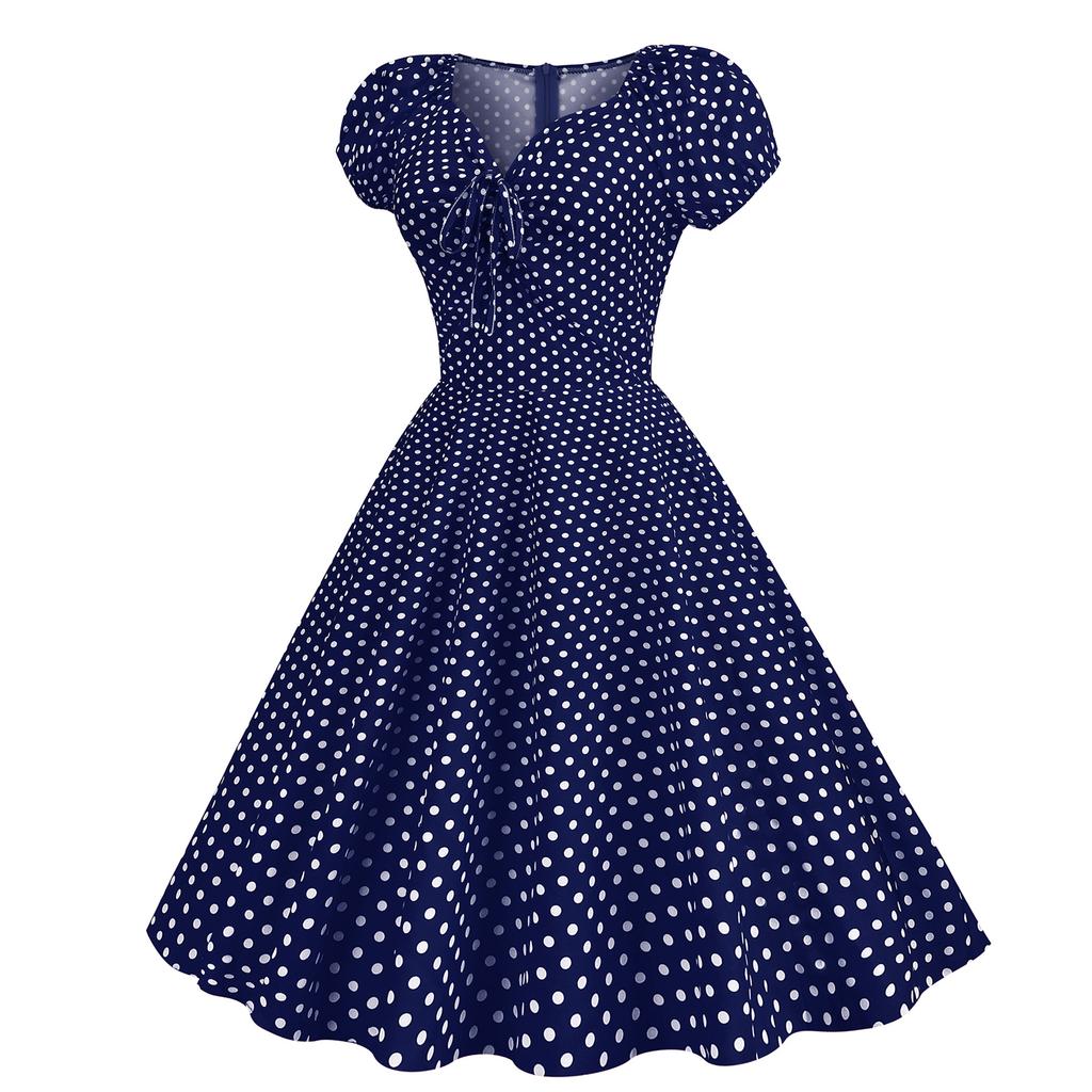 Women's - Retro Skirt With Bubble Short Sleeved Polka Dot Printed Large Skirt Hem Dress
