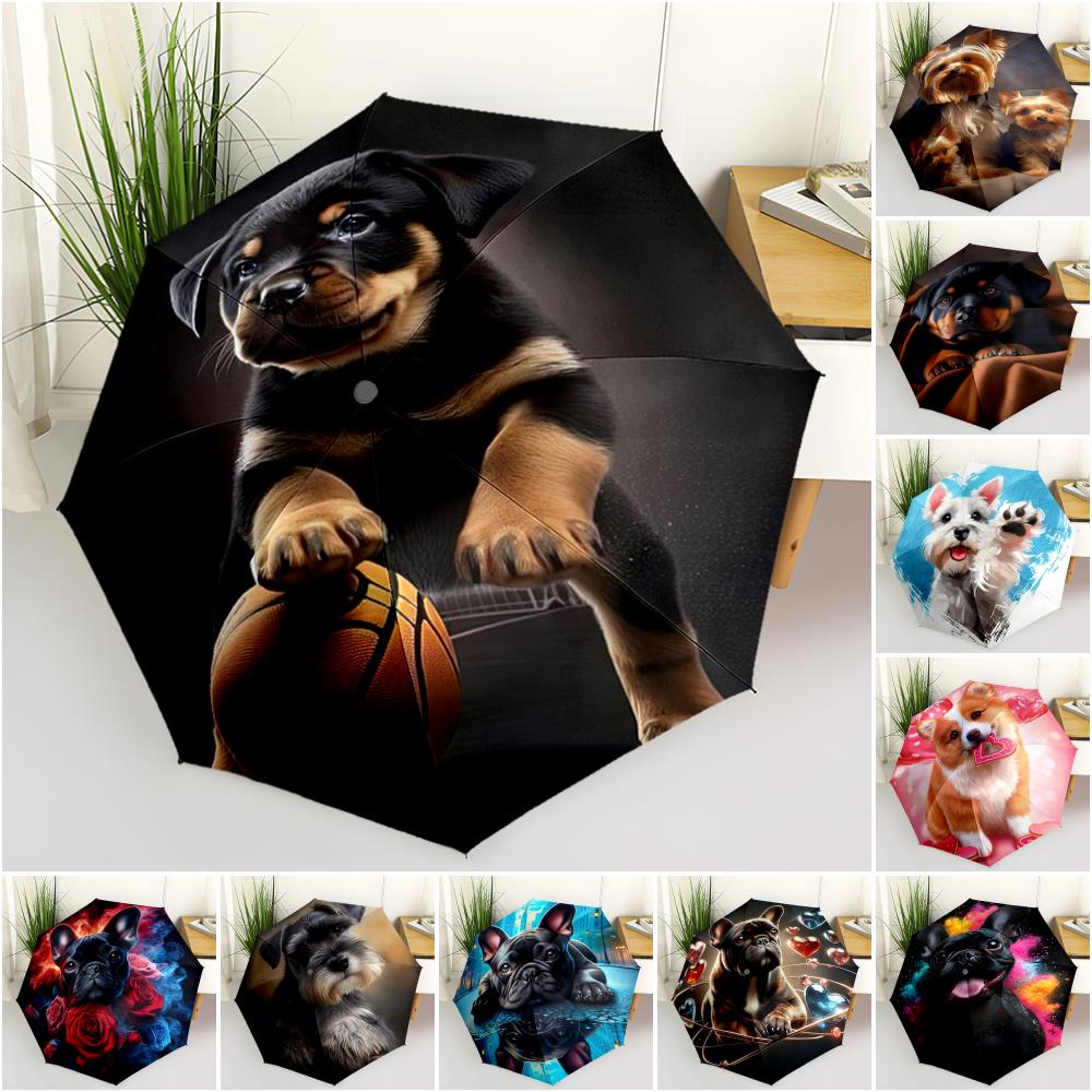 1pc Cute dog pattern Umbrella Portable Folding Umbrella Iron Frame Hole Bone Structure Outdoor Home Umbrella