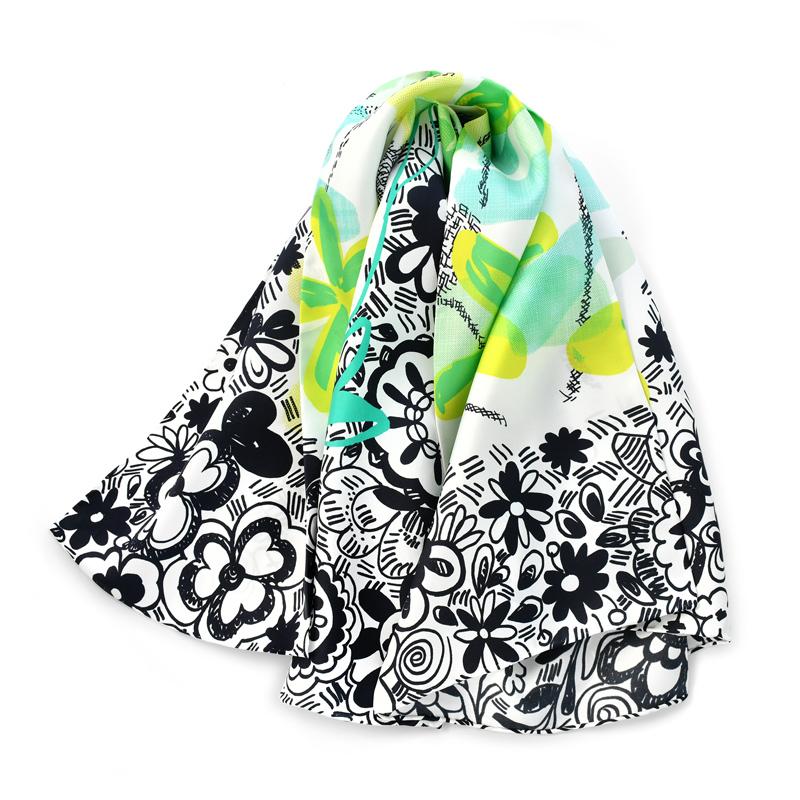 

New green leaves black flowers printed natural silk twill square scarf women s spring autumn real silk scarves luxury shawl