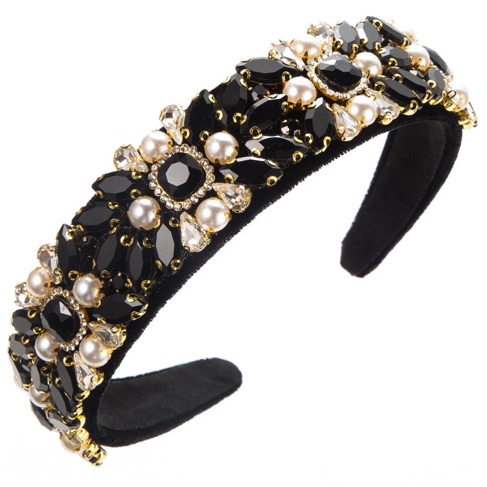 Baroque Velvet Headband with Diamonds and Pearls - Retro Palace Style Hair Accessory for Women