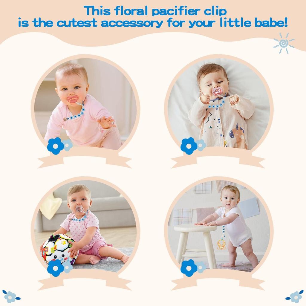 Symbolife Pacifier Daisy Floral with Wooden 30cm Unisex Blue Frost Clip, Print, Clip, Stretchable, Cotton, (Baby & Blue)