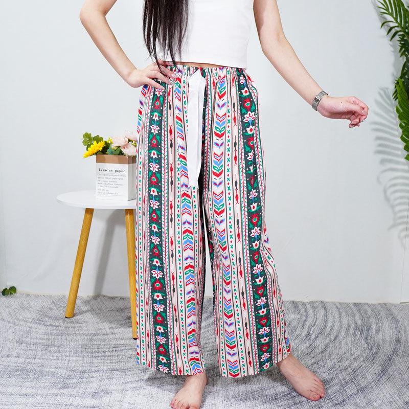 Women's Summer Cotton Silk Nine-Point Wide-Leg Pajama Pants - Plus Size, Loose, Breathable, Cooling, Ideal for Beach and Air Conditioning Comfort