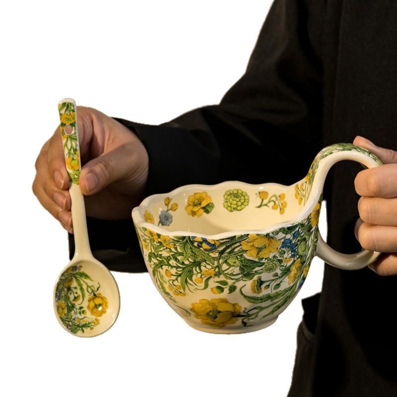 Ceramic Mug Handle Cup With Spoon Breakfast Cup Oatmeal Bowl Heated Milk Blooming Coffee Cup Saucer Bowl