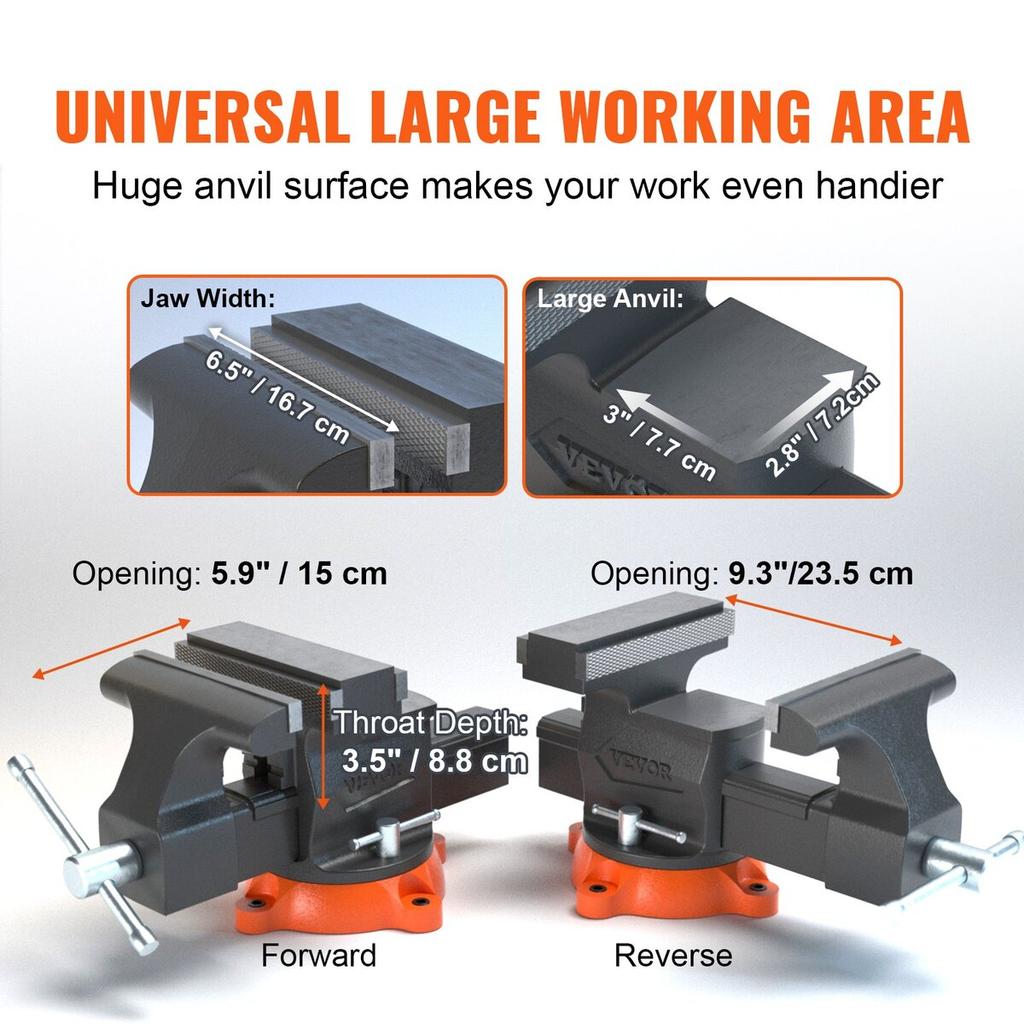 Bench Vise, 6.5" Jaw Width 6.5" Forward &9.3" Reverse Opening, 360-Degree Swivel Locking Base Multipurpose Workbench with Anvil, Heavy Duty Ductile
