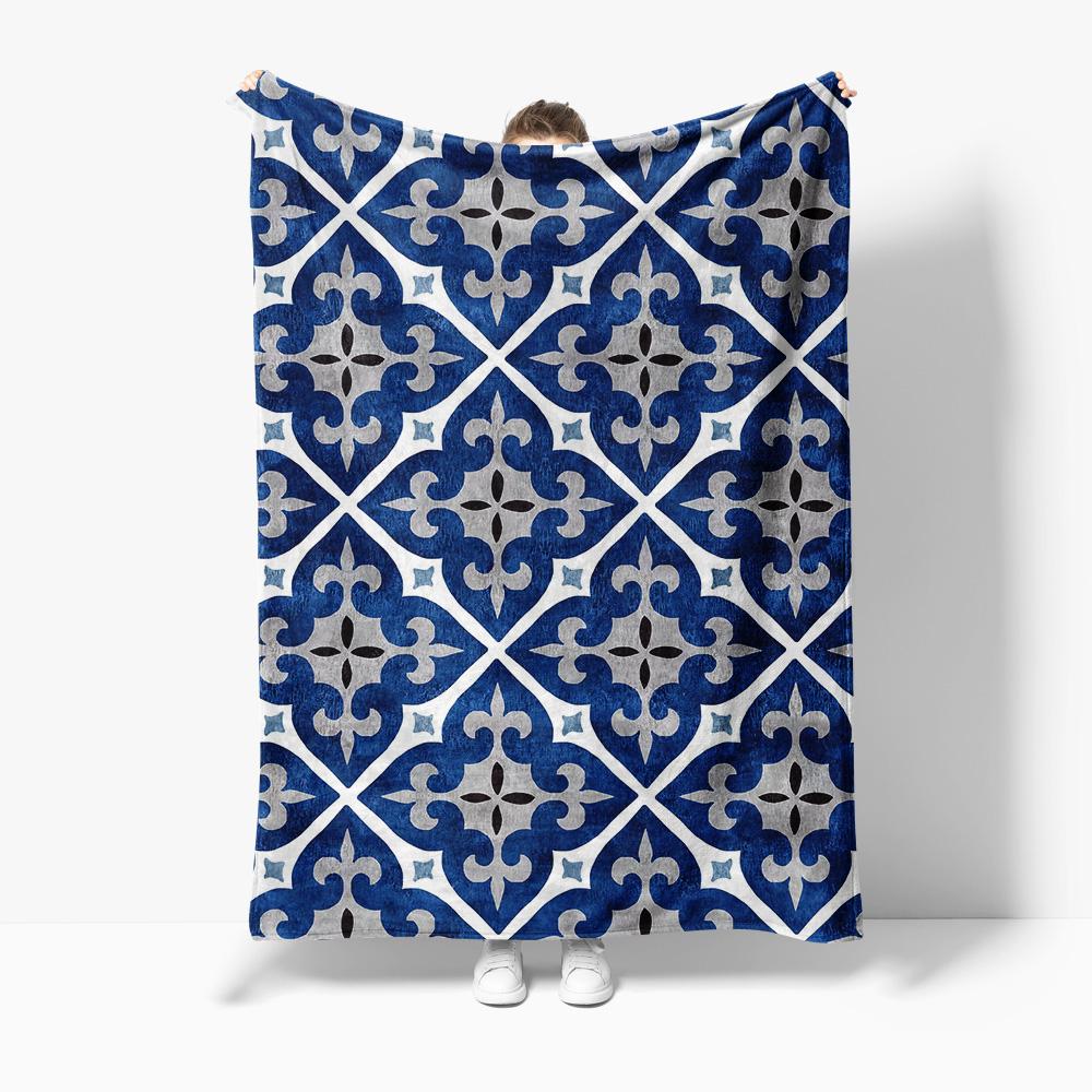 Navy Blue Geometric Tile Pattern Fleece Blanket Sofa Throw Decorative Throw Blanket Bed Cover Gift 75X95CM