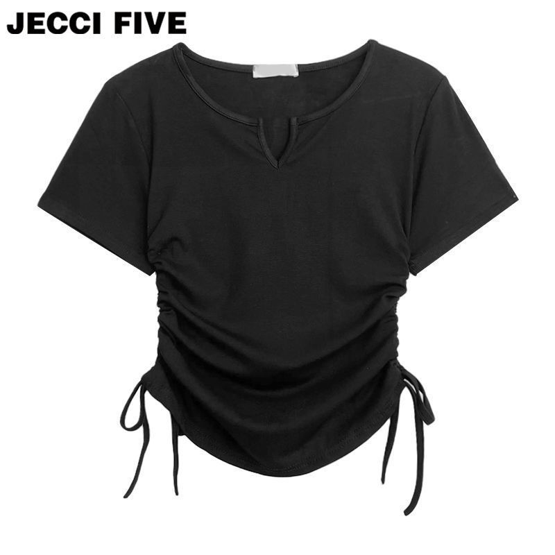 V-neck Solid Color Drawstring Pleated Waist Cinched Spicy Girl Shoulder T-shirt On Both Sides Tops