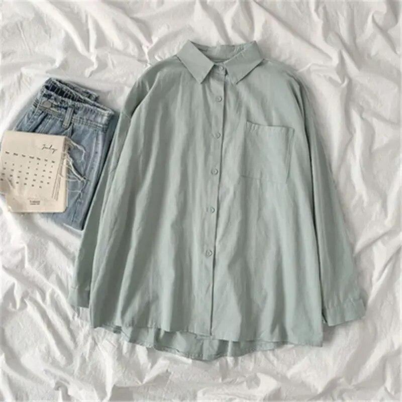 Preppy Style Solid Color Shirt  Autumn Women Korean Fashion Turn Down Collar Blouse Loose Long Sleeve Tops Clothes 30269