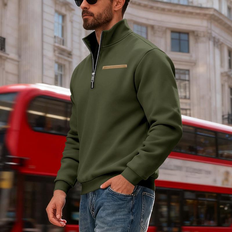 Men's Casual And Trendy American- Fleece Heavy-duty Loose Hoodie, Men's Warm Stand-up Collar Semi-pull Connection Solid Color Sports Hoodie