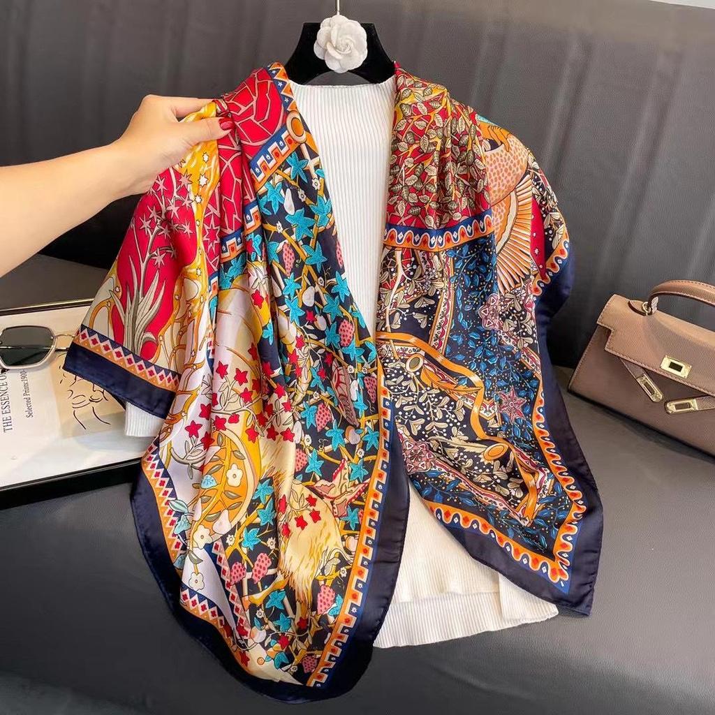 110cm Versatile Women’s Imitation Silk Scarf - Large, Printed, Decorative, Sunscreen Shawl