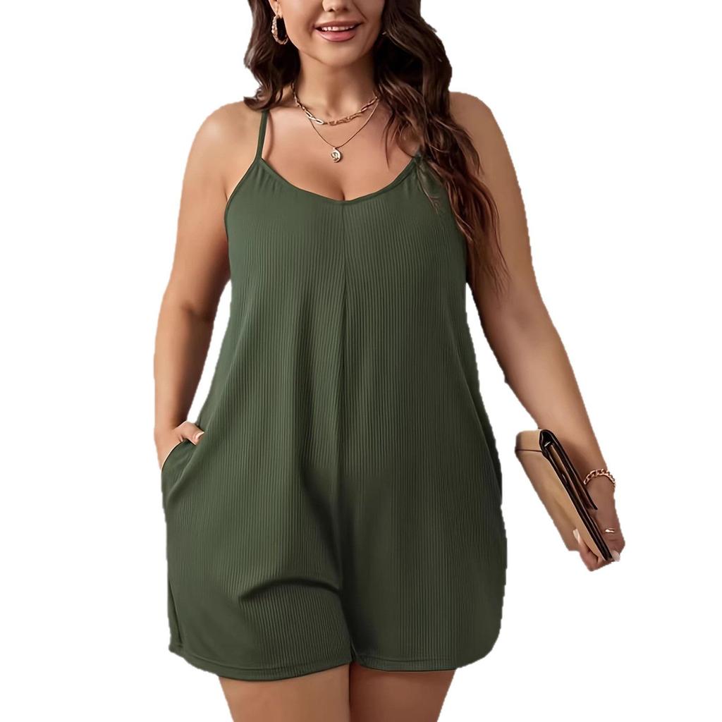 Armee Grün Floral Spaghettiträger Strick Stretch Jumpsuit - Große Größen Damen Vielseitige Sommerkleidung