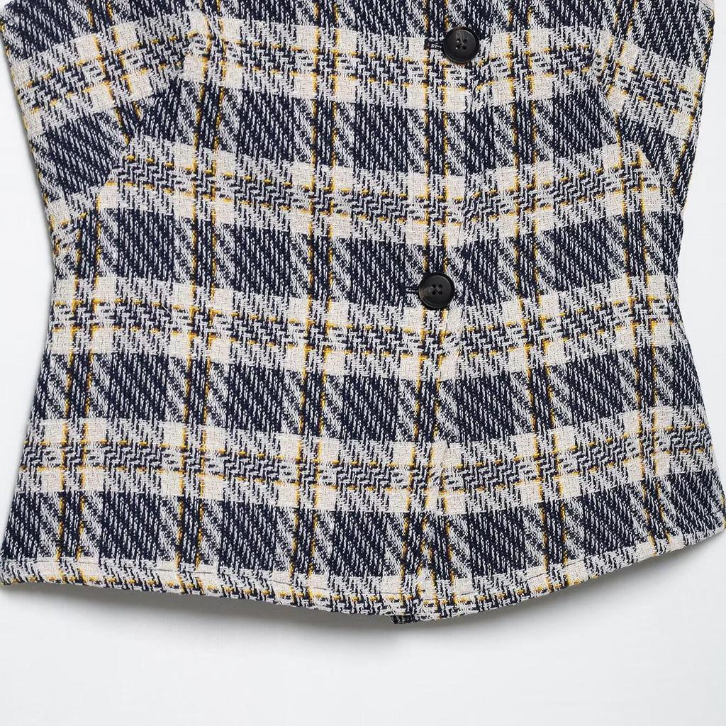 2025 Spring Women's Slim-Fit Plaid Vest and Culottes Set