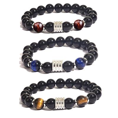 10MM Tiger Eye Stone Beaded Bracelets Hand Chains  Adjustable Black Obsidian Beads Stainless Steel Charm Bracelet for Men