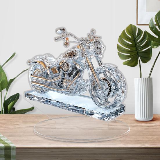 Faux Crystal Acrylic Motorcycle Ornament 2D Flat Clear Motorbike Table Sign with Base Home Office Desktop Bookshelf Decoration