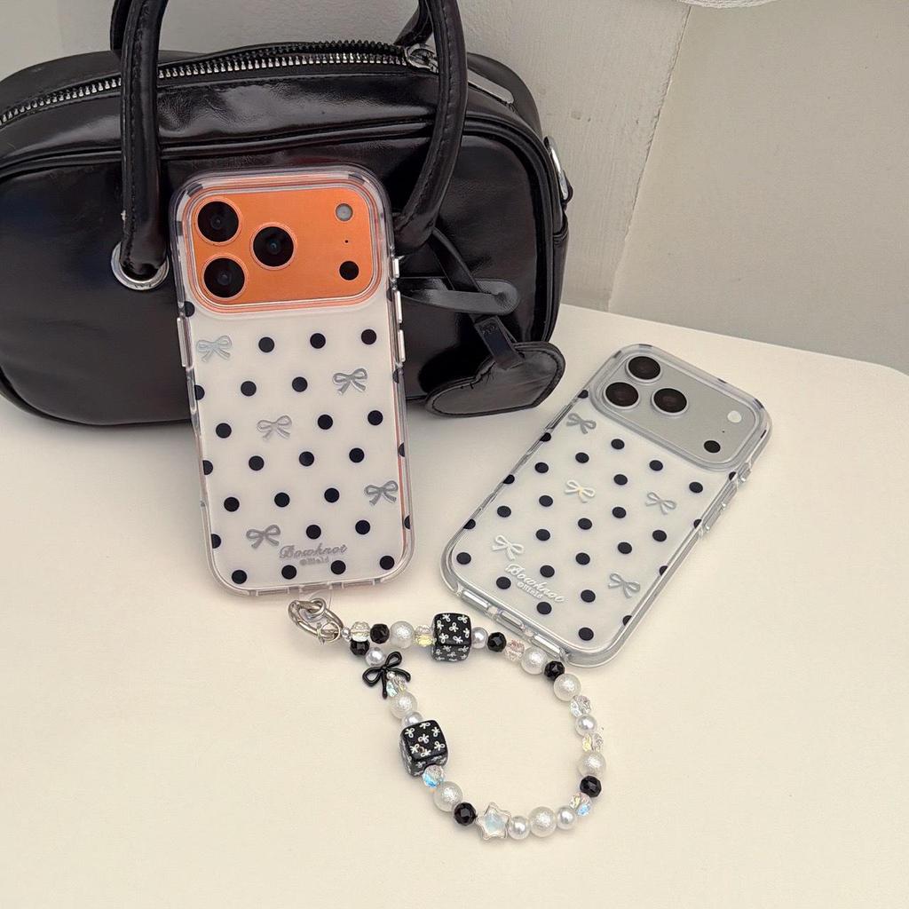 Simple Black and White Polka Dot Bow Phone Case for iPhone 17 Pro Max/16, Double Layer Design for Models 15/14.