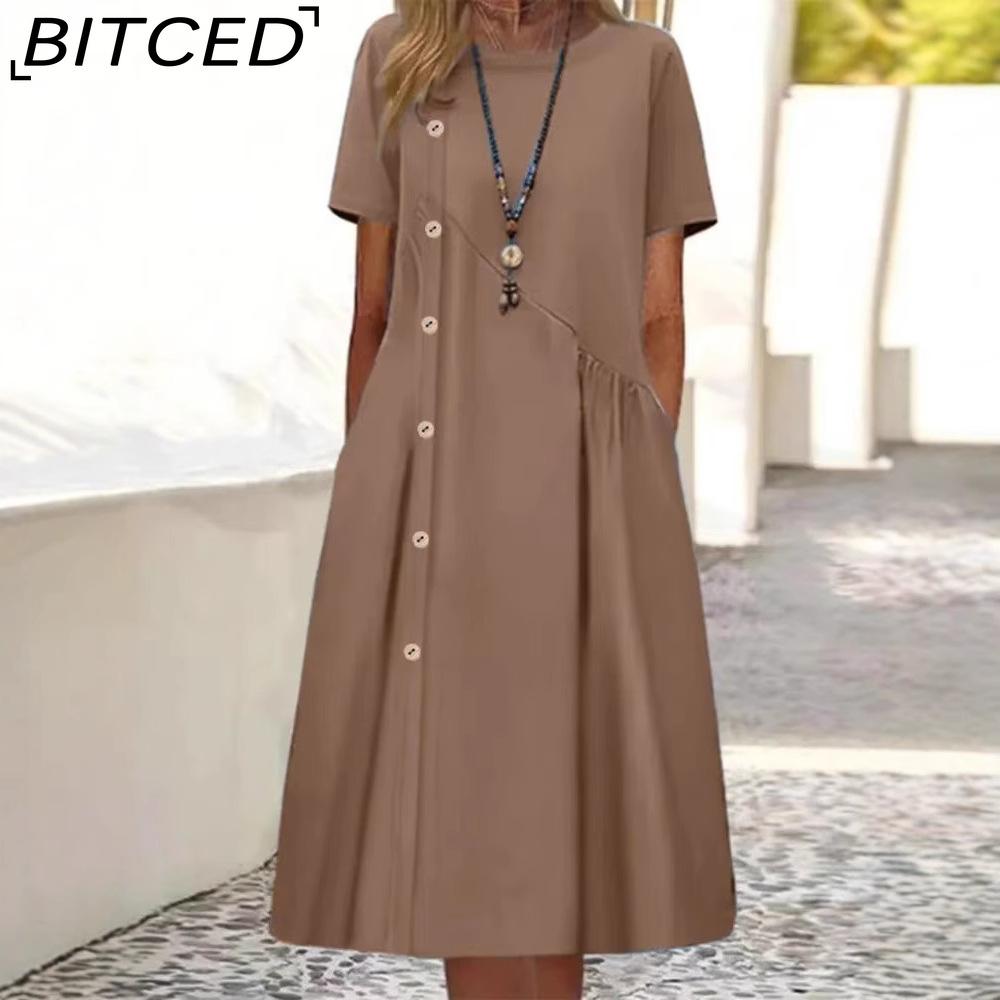 BITCED Women's Fashion Summer Spring Solid Color Print Short Sleeve O-Neck High Waist Casual Dresses