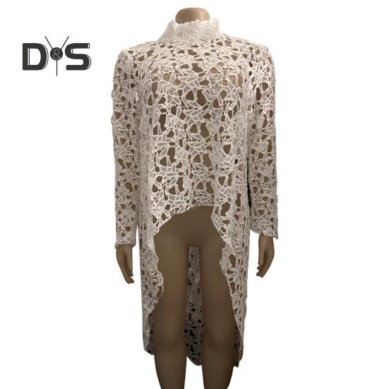 Women Long Top Cutout Irregular Crochet Lace Floral Patchwork See-through Short Front And Long Back Blouse Half-High Collar Long Sleeve Dress