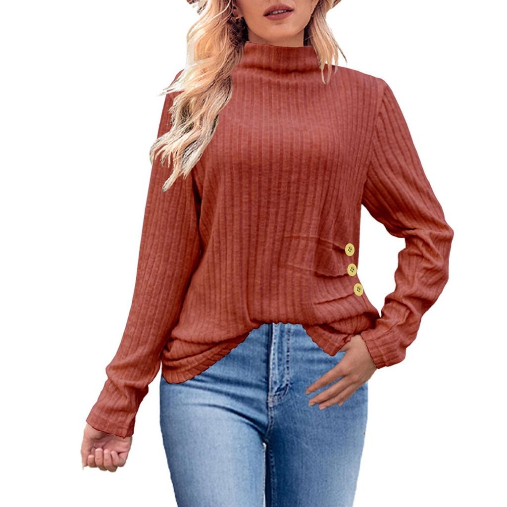 Women's Fashion Loose High Neck Side Pleated Button Long Sleeve T-Shirt Knit Top