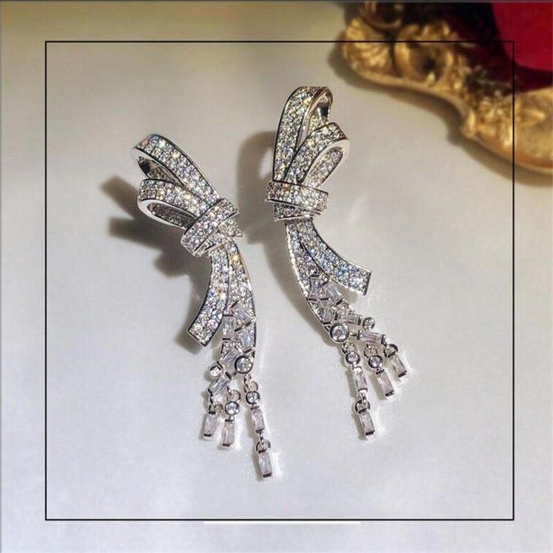 Classical Bow Dangle Earring Sparkling Jewelry 925 Sterling Silver Full White Clear CZ Crystal Women Wedding Long Tassel Earring