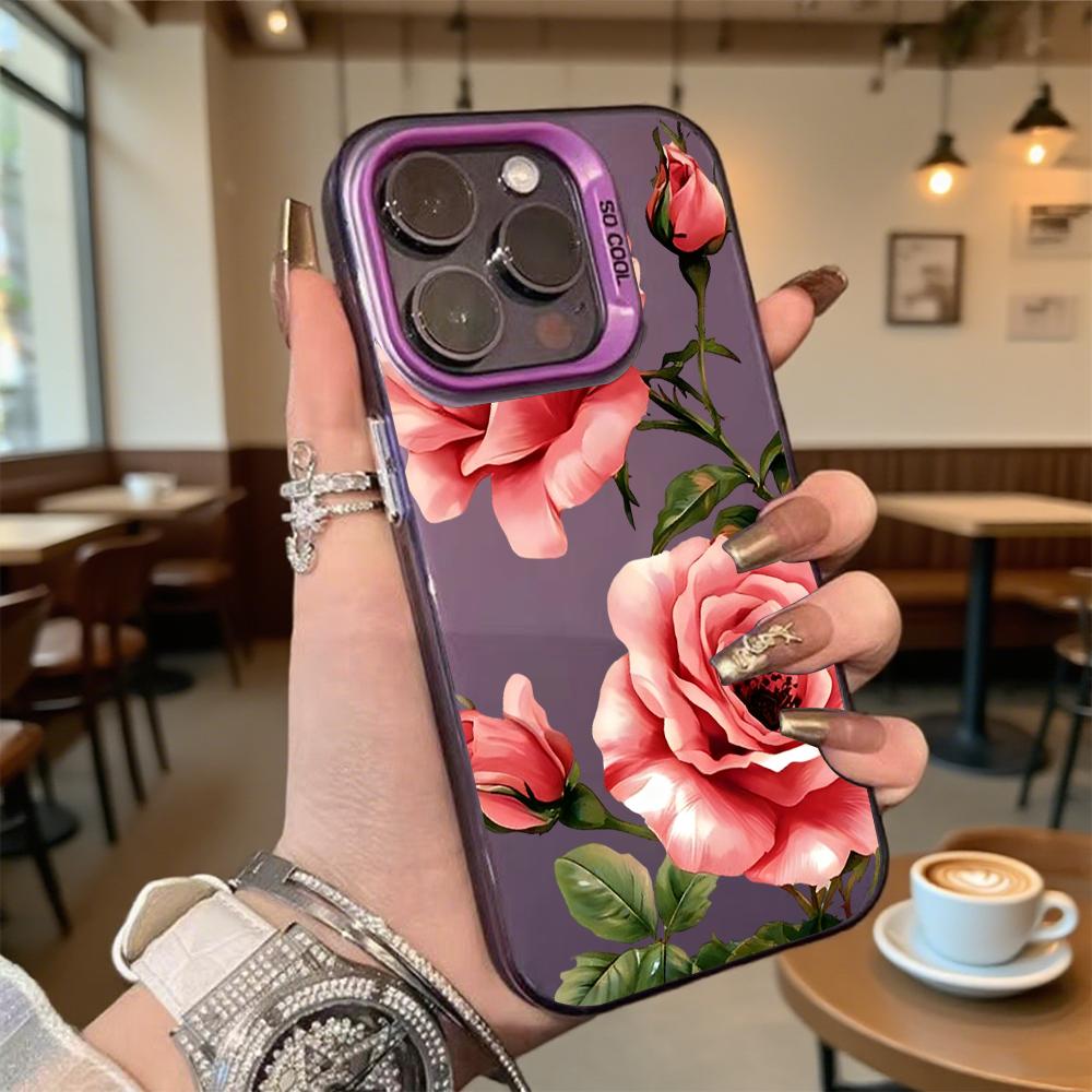 Pink Roses with Green Foliage Shockproof Phone Case for Iphone 16 15 14 13 12 11 Pro Max/Mini Anti-Scratch Premium Hard Cover